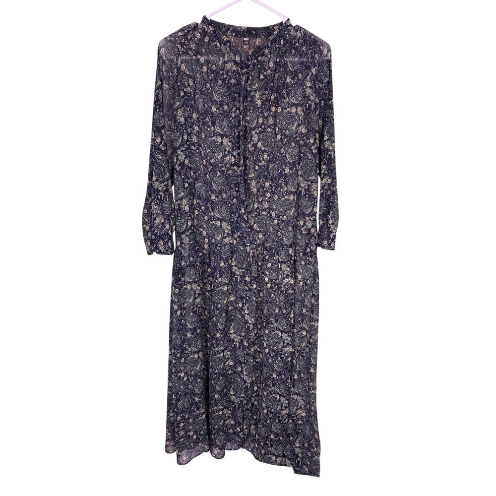 Uniqlo Green Paisley Maxi Dress Womens Medium Long Sheer Modest Tunic Boho